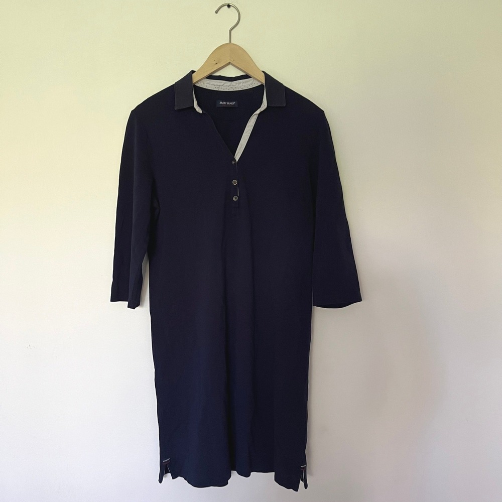 Saint James Navy Blue Pique Cotton Polo Dress 3/4 Sleeve Nautical Midi Collared